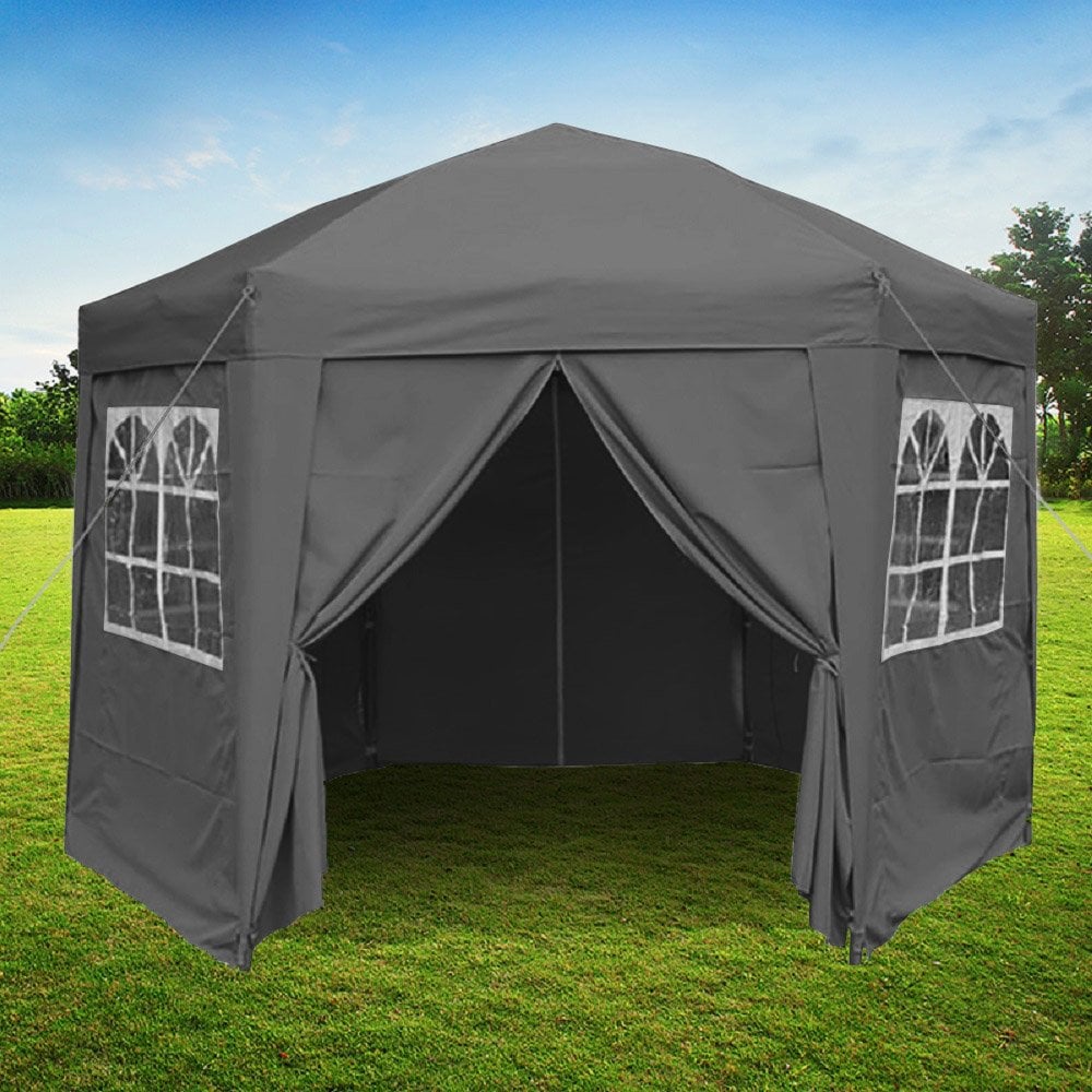 3.5m Hexagonal Pop-Up Gazebo, 6 Side Panels, Grey