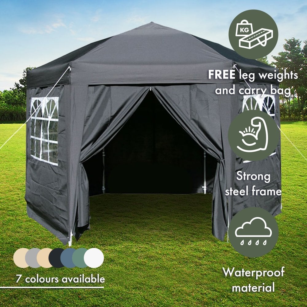3.5m Hexagonal Pop-Up Gazebo, 6 Side Panels, Grey