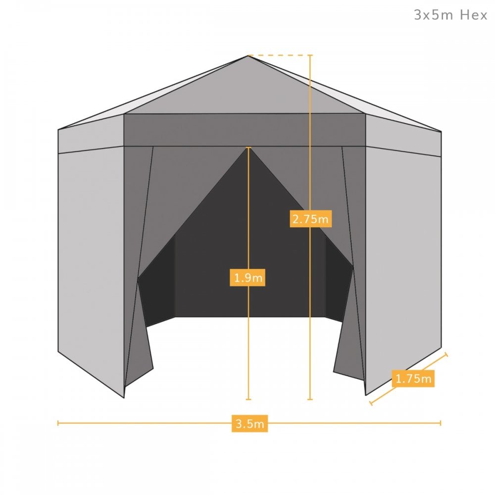 3.5m Hexagonal Pop-Up Gazebo, 6 Side Panels, Grey